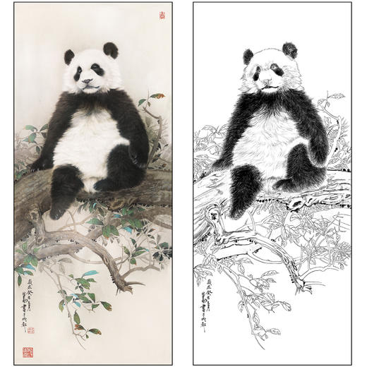 王申勇花鸟工笔画白描底稿《熊猫》临摹勾线高清打印稿A676 商品图0