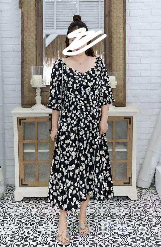 超值购【诗铭洛可】W129长款连衣裙雏菊v领短袖裙子A1-3 商品图2