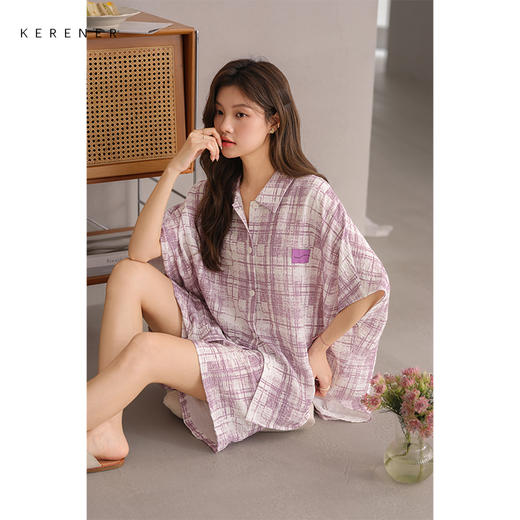 可人儿小众设计师新款泡泡绵女士睡衣夏季短袖可外出家居服套装 商品图3