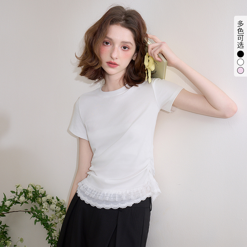 【限时秒杀】西遇圆领短袖t恤女春夏新款短款蕾丝边芭蕾风正肩白色上衣D0050504/D0050734/V0050735