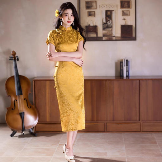 恣禾金色晨曦，新中式缎面改良旗袍YG-2652 商品图0
