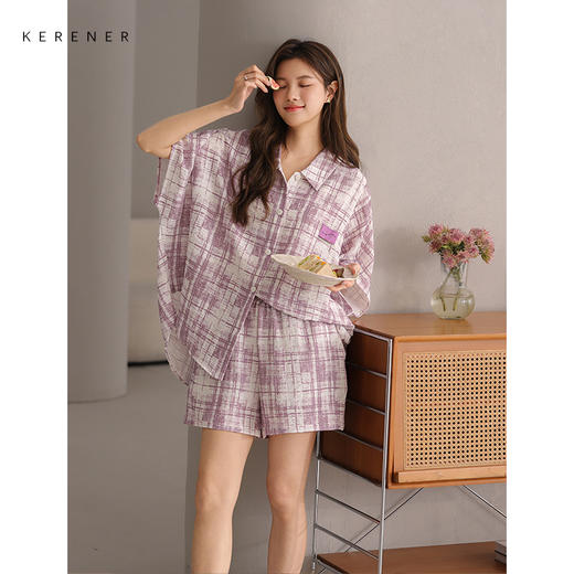 可人儿小众设计师新款泡泡绵女士睡衣夏季短袖可外出家居服套装 商品图1