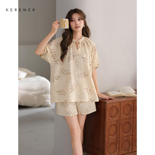 可人儿小众设计师新款泡泡绵女士睡衣夏季短袖可外出家居服套装 商品图2