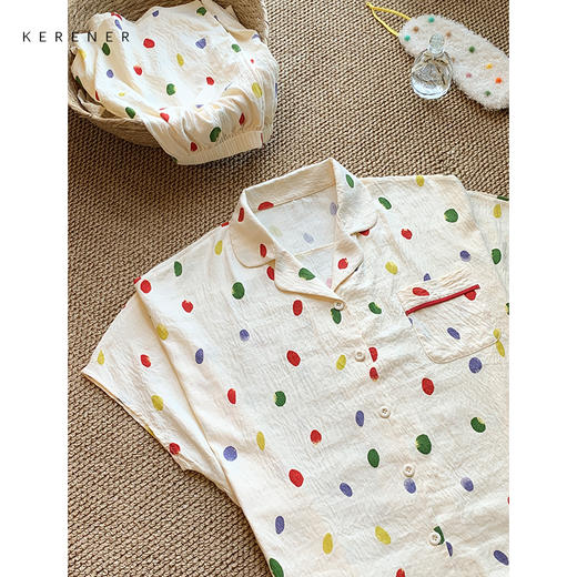 可人儿小众设计师新款泡泡绵女士睡衣夏季短袖可外出家居服三件套 商品图3