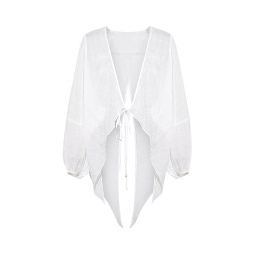 两三事月色珍珠2025夏季新款百搭不对称下摆绑带灯笼袖雪纺开衫女 商品图4