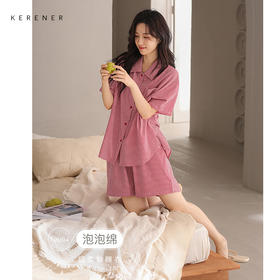可人儿小众设计师新款泡泡绵女士睡衣夏季短袖可外出家居服套装