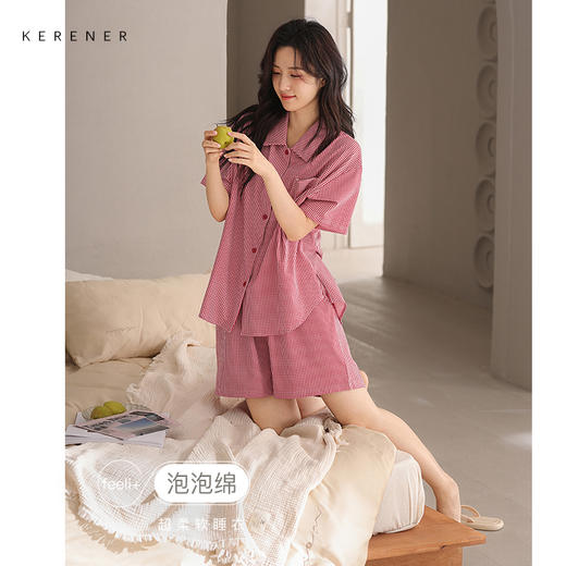可人儿小众设计师新款泡泡绵女士睡衣夏季短袖可外出家居服套装 商品图0