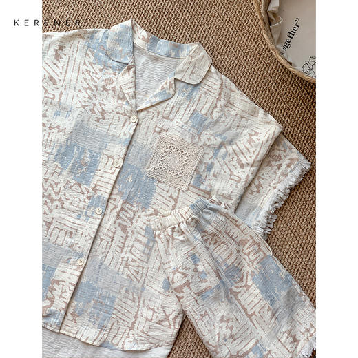 可人儿小众设计师新款泡泡绵女士睡衣夏季短袖可外出家居服三件套 商品图2