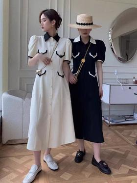 超值购【诗铭洛可】W471长款连衣裙小香风排扣赫本裙子A10-1