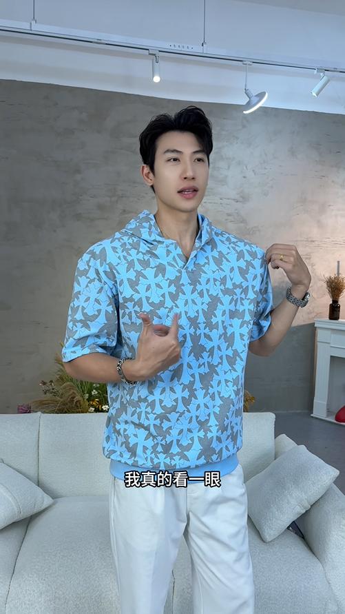 T3516夏季高级感新款男士满天星十字连帽短袖T恤小众设计撞色百搭上衣 商品图0