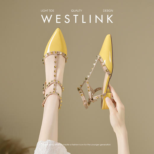 西遇铆钉包头凉鞋女新款夏季外穿法式粗跟罗马鞋低跟尖头单鞋V0156571 商品图1