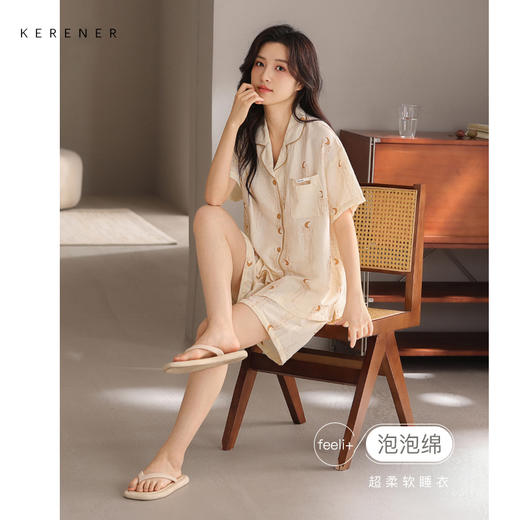 可人儿小众设计师新款泡泡绵女士睡衣夏季短袖可外出家居服套装 商品图0