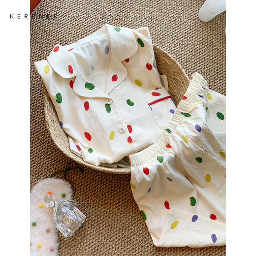 可人儿小众设计师新款泡泡绵女士睡衣夏季短袖可外出家居服三件套 商品图1