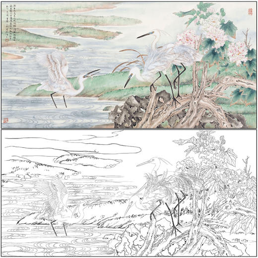 吕大卫花鸟工笔画白描底稿白鹭《鹭鹭荣华图》四尺六尺临摹勾线高清打印稿A686 商品图0