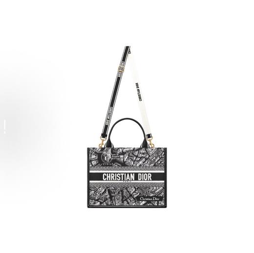 DIOR迪奥 印花敞口设计 刺绣拼小牛皮 托特包Tote包购物袋单肩斜挎手提包 中号 女款 白色拼黑色（HH） 商品图1