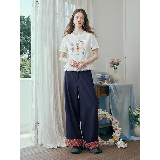 两三事 谧夜绮焰 2025夏季新款复古格子布拼接直筒牛仔裤女宽松 商品图1