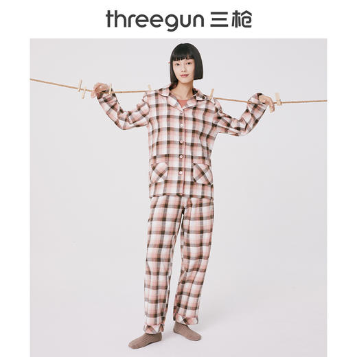 Threegun三枪 【彩格绒布】翻领开襟女士休闲家居套家居服-80518D311 商品图2