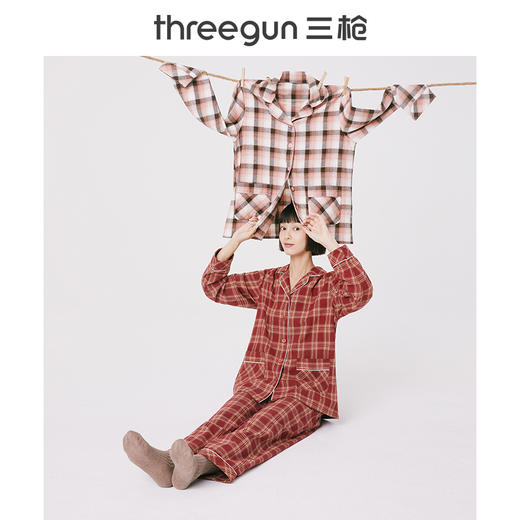 Threegun三枪 【彩格绒布】翻领开襟女士休闲家居套家居服-80518D311 商品图3