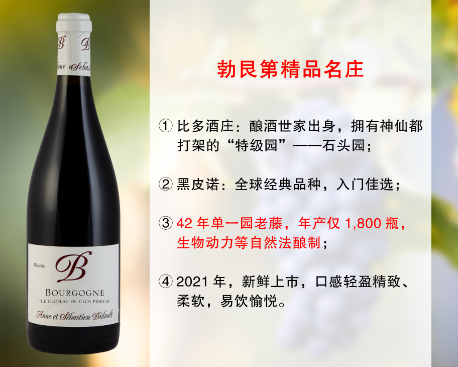 【现货促销，整箱更优惠】勃艮第超高性价比精品名庄：比多酒庄克洛斯单一园干红（2021年）