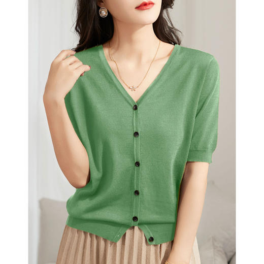 百媚生 夏季新款百搭法式v领纽扣冰丝针织衫3226A 商品图1