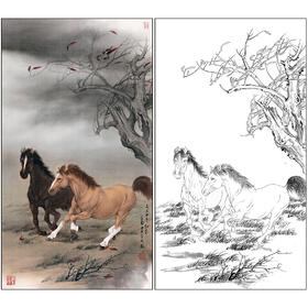 王申勇花鸟工笔画白描底稿《奔马图》双马图临摹勾线高清打印稿A679