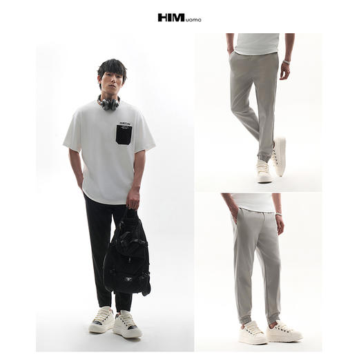 HIM漢崇  舒适松紧腰束脚裤男设计感简约压花后袋休闲裤 2026春季 商品图3