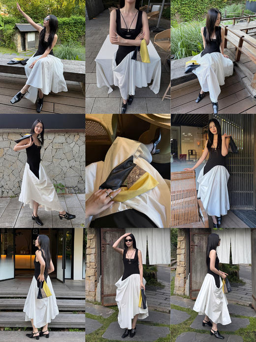 HIDEMI极简不对称立裁设计感花苞式黑白撞色背心连衣裙长裙 商品图5