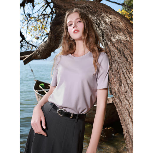 三彩2025春季新款圆领T恤正肩短袖上衣纯色基础套头衫休闲Z 商品图1