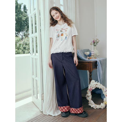 两三事 谧夜绮焰 2025夏季新款复古格子布拼接直筒牛仔裤女宽松 商品图2