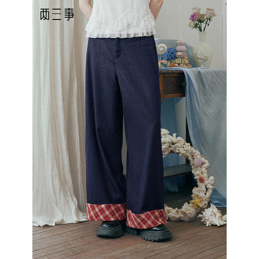 两三事 谧夜绮焰 2025夏季新款复古格子布拼接直筒牛仔裤女宽松 商品图0