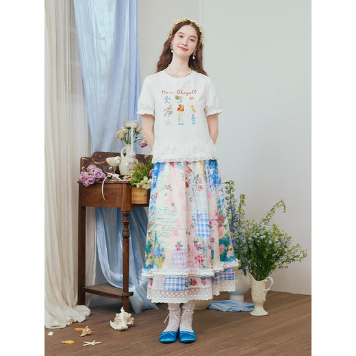 两三事蜜糕花阶2025夏季新款甜美蕾丝花边拼接双层裙摆印花半身裙 商品图1