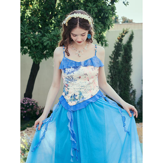 两三事 人鱼梦绘 2025夏季新款甜美荷叶边拼接印花吊带衫女 商品图2