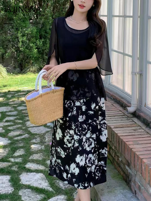 【特价不退换】阿菁娜法式轻熟风优雅裁剪印花套装连衣裙F30X230005 商品图1