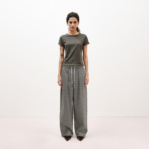 NUTH轻薄复古黑白格纹宽松抽绳直筒休闲裤女夏季 商品图0