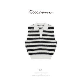 COCO ZONE 刘一一  简约亲肤舒适黑白条纹镂空毛织背心CD1A0932