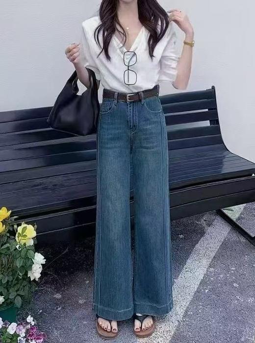 【牛仔系】7009立体线条显瘦宽边牛仔裤深色阔腿裤-喜出 商品图1