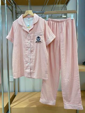 松植屋情侣款口袋小企鹅刺绣双层纱纯棉短袖长裤纱布睡衣套装男女款家居服