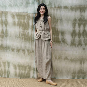 绽放311-312朵/甜茶系列青梅重磅进口酵洗色织亚麻马甲半身裙套装