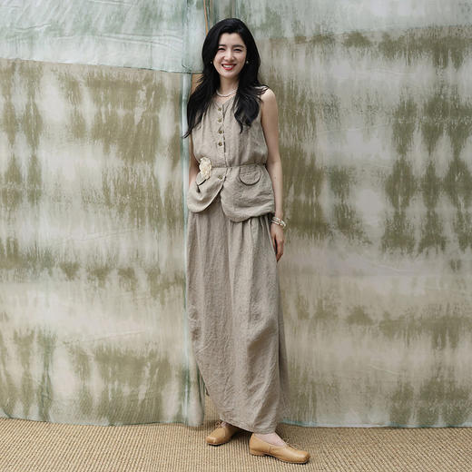 绽放311-312朵/甜茶系列青梅重磅进口酵洗色织亚麻马甲半身裙套装 商品图0