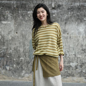 绽放女装305朵【甜茶系列·柑橘】冰镇亚麻条纹防晒套头毛织T恤衫