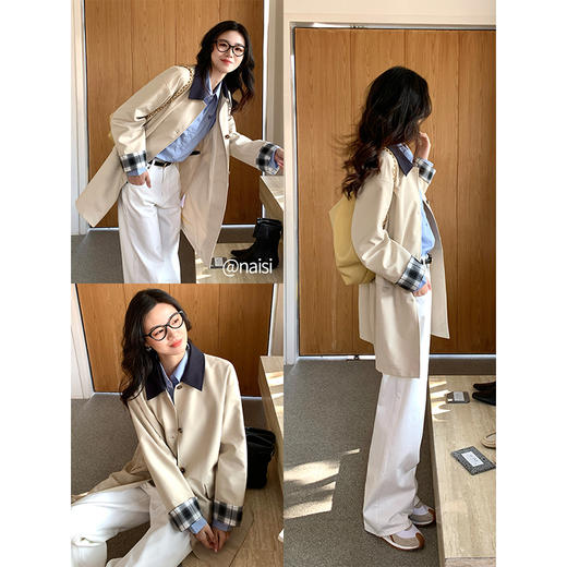 【专属特价】熙世界英伦风外套风衣女中长款2025春秋新款撞色翻领卡其色大衣 商品图2