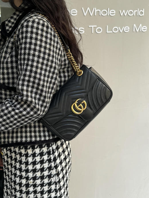 Gucci 双g 马蒙 中号 牛皮 黑金 斜挎包 商品图2
