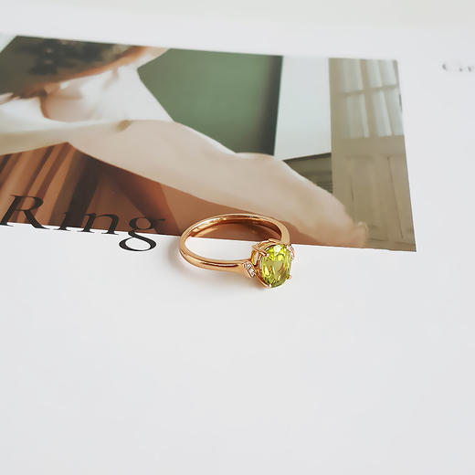 【天然正品】AU750玫瑰金镶钻镶天然约1.34克拉橄榄石戒指15号（戒圈可改）女士现售价：2580！230325AH04 商品图3