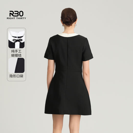 【破价】R30【蝴蝶结在逃公主】赫本风圆领短袖黑白拼接连衣裙收腰显瘦A字裙子 R25LF03009【现货】 商品图3