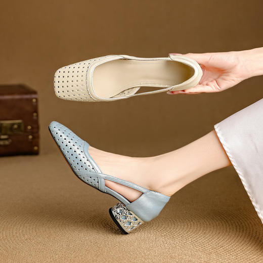 【预售5天】牛皮版~法式气质方头镂空包头凉鞋女真皮复古浅口中空单鞋玛丽珍NJMK&K1609 商品图1