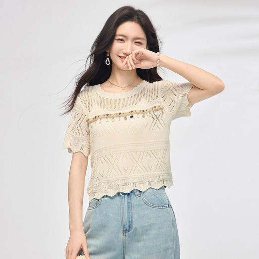 熙世界重工镂空提花针织衫女夏薄款2025新款休闲宽松短袖罩衫上衣 商品图4