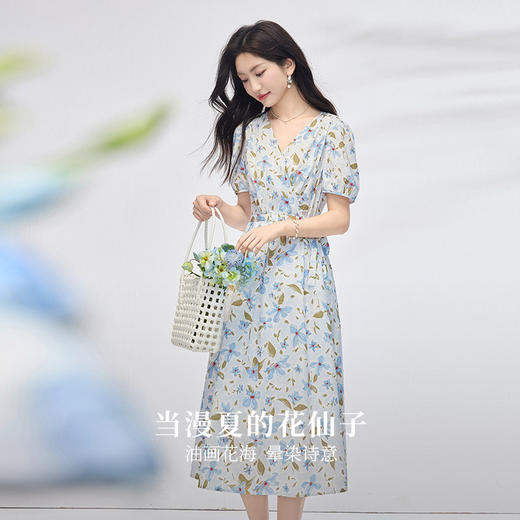 【专属特价】熙世界郁金香碎花连衣裙女2025年新款气质显瘦泡泡袖收腰裙子夏季 商品图1