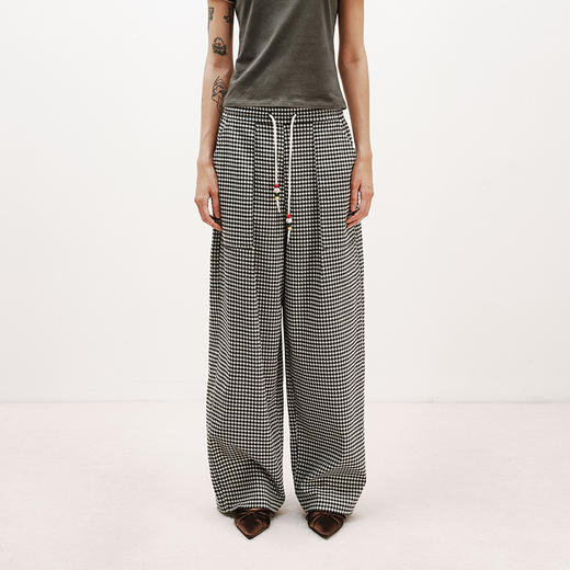 NUTH轻薄复古黑白格纹宽松抽绳直筒休闲裤女夏季 商品图5