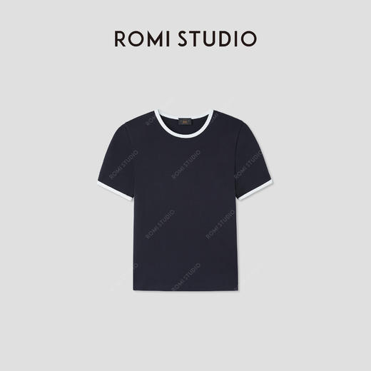 ROMI STUDIO 简约复古  藏蓝色撞色圆领针织短袖T恤 RWCSST2875 商品图4