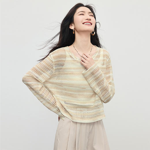 【专属特价】熙世界微透镂空针织罩衫女夏季薄款2025年新款防晒上衣圆领空调衫 商品图3